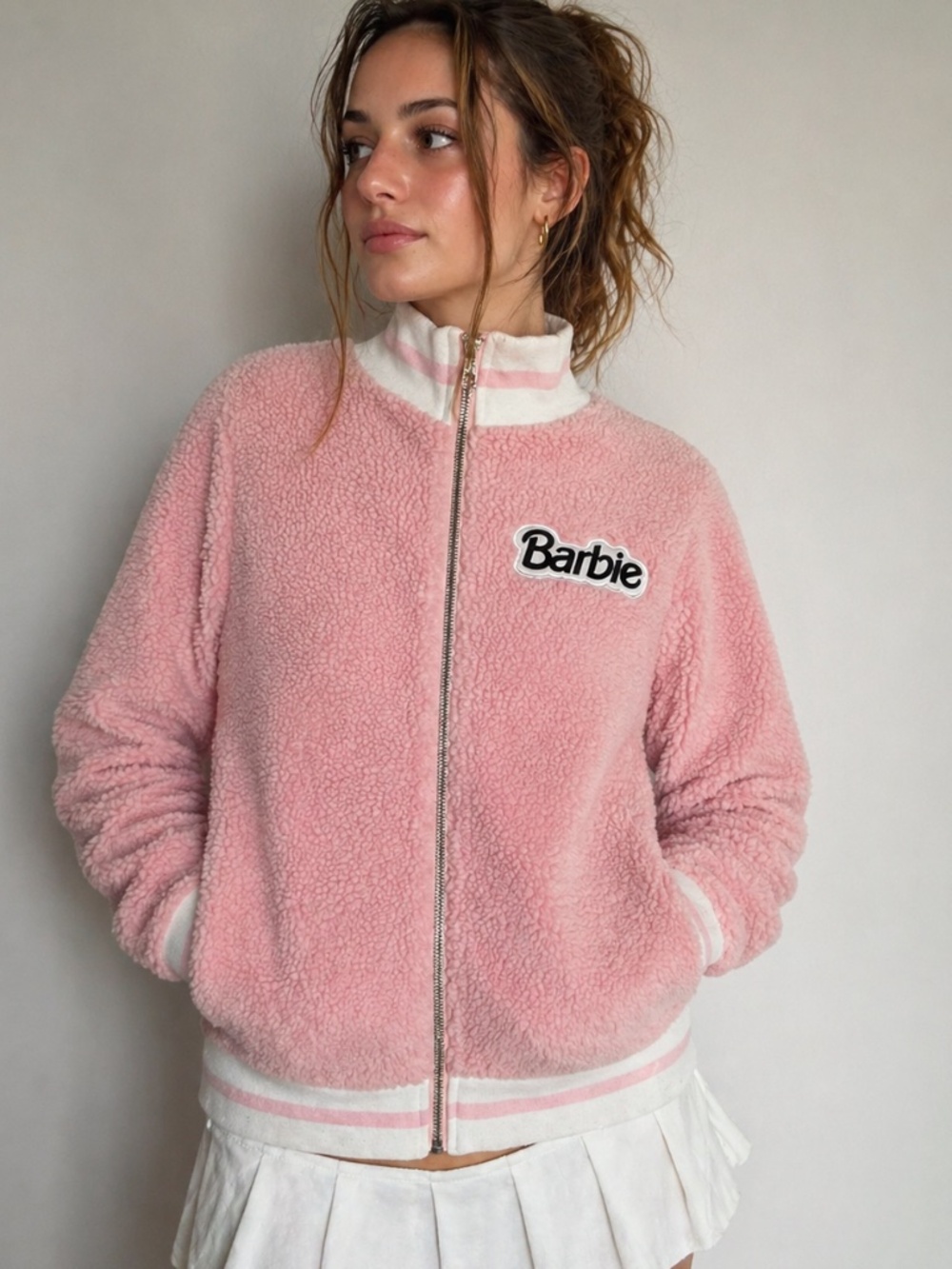 Y2K  Barbie  sherpa fleece pink zip  jacket M Barbiecore